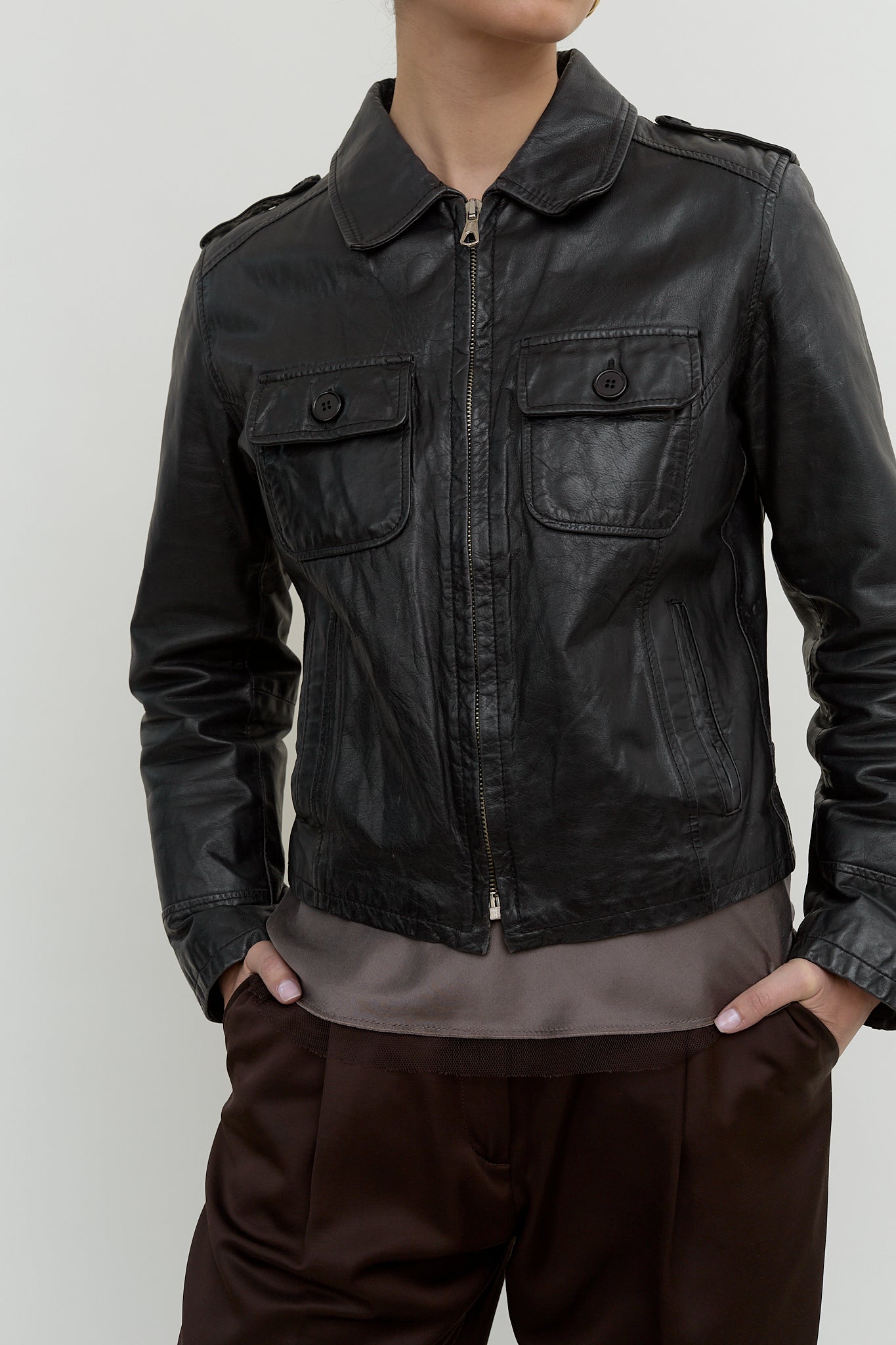 2000s fitted biker leather jacket