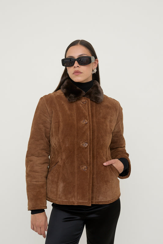 Suede jacket with faux fur collar