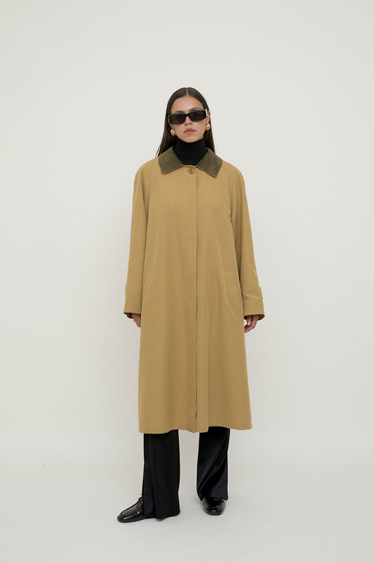 Beige A line trench coat with corduroy collar