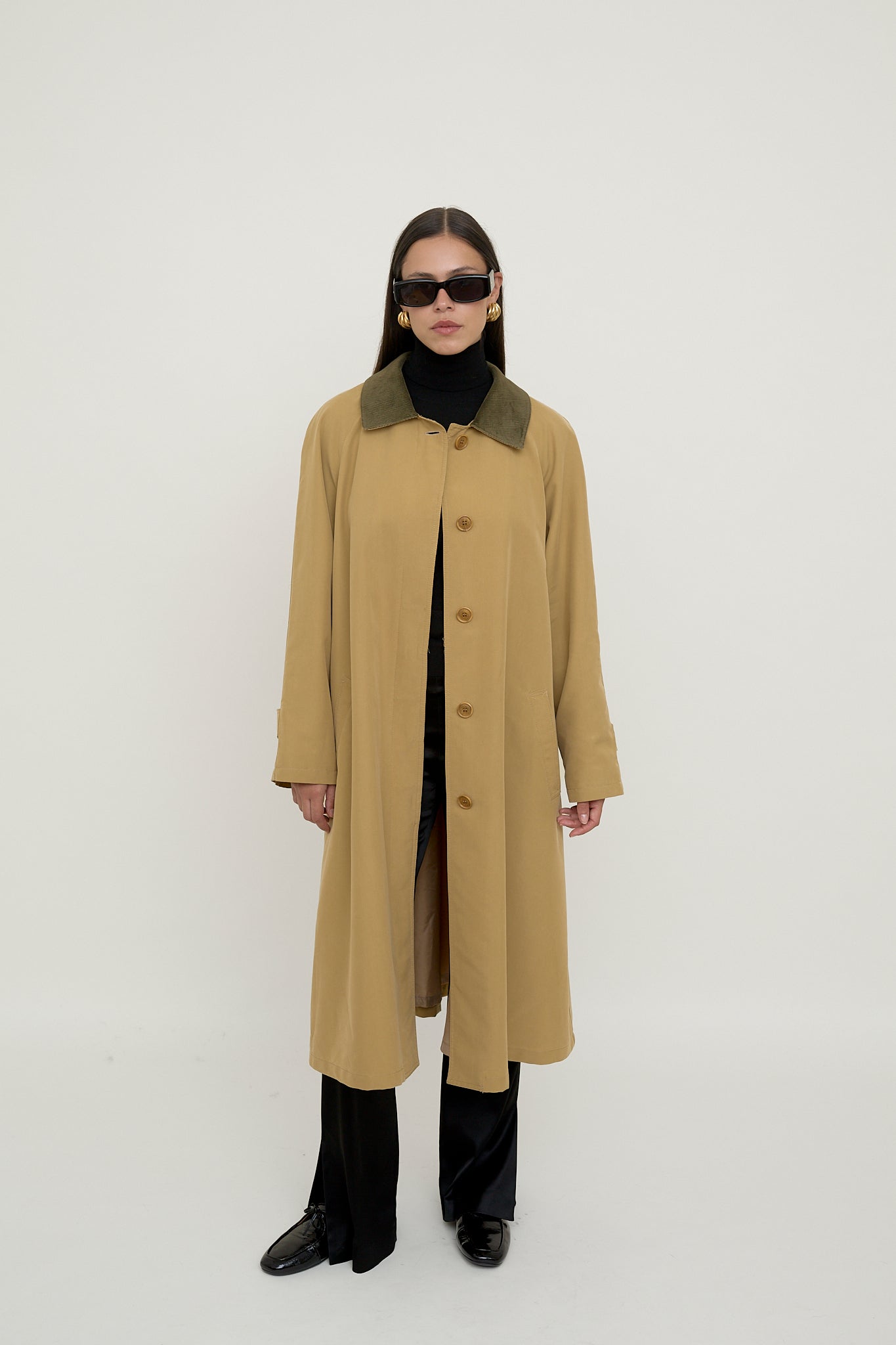 Beige A line trench coat with corduroy collar