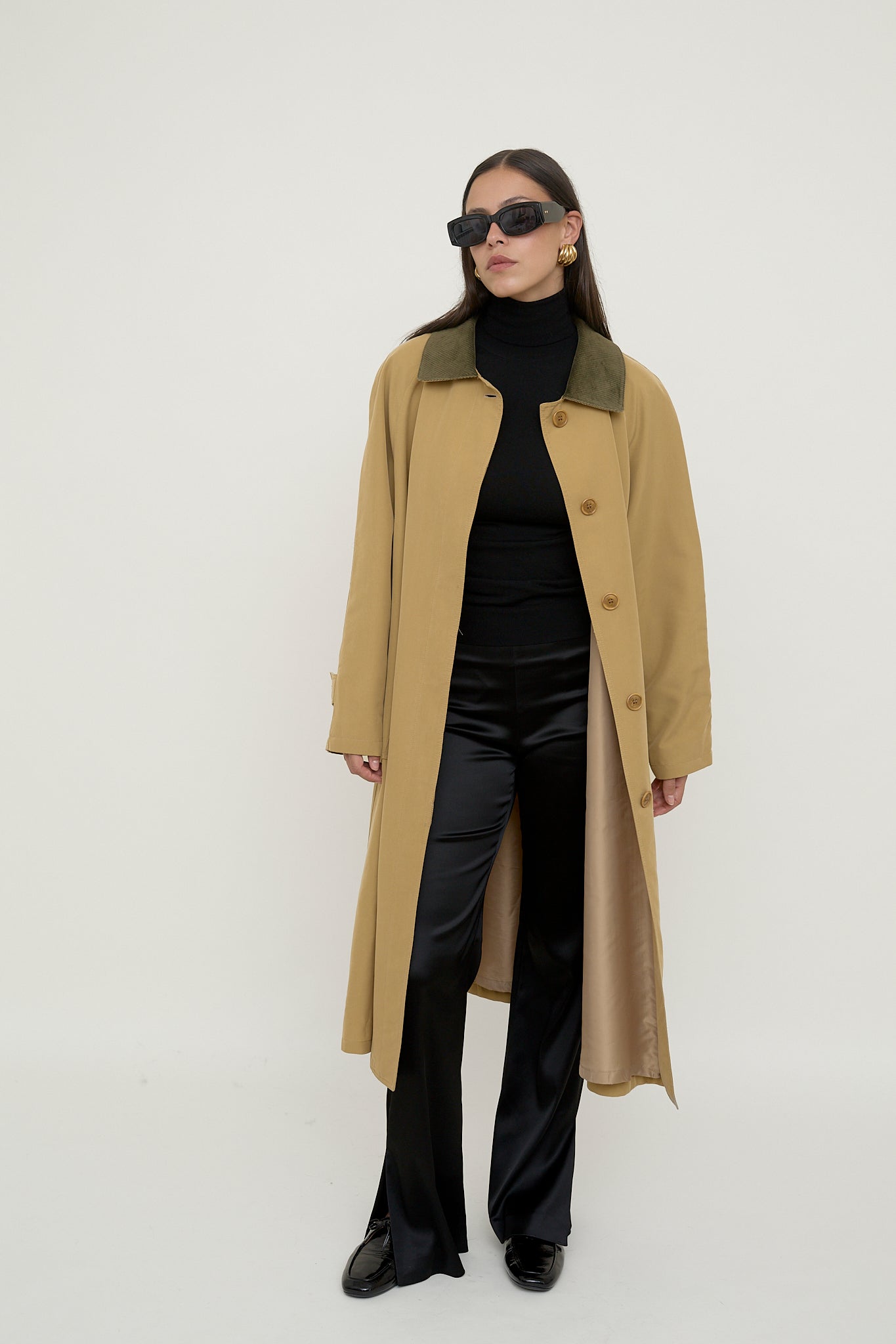 Beige A line trench coat with corduroy collar