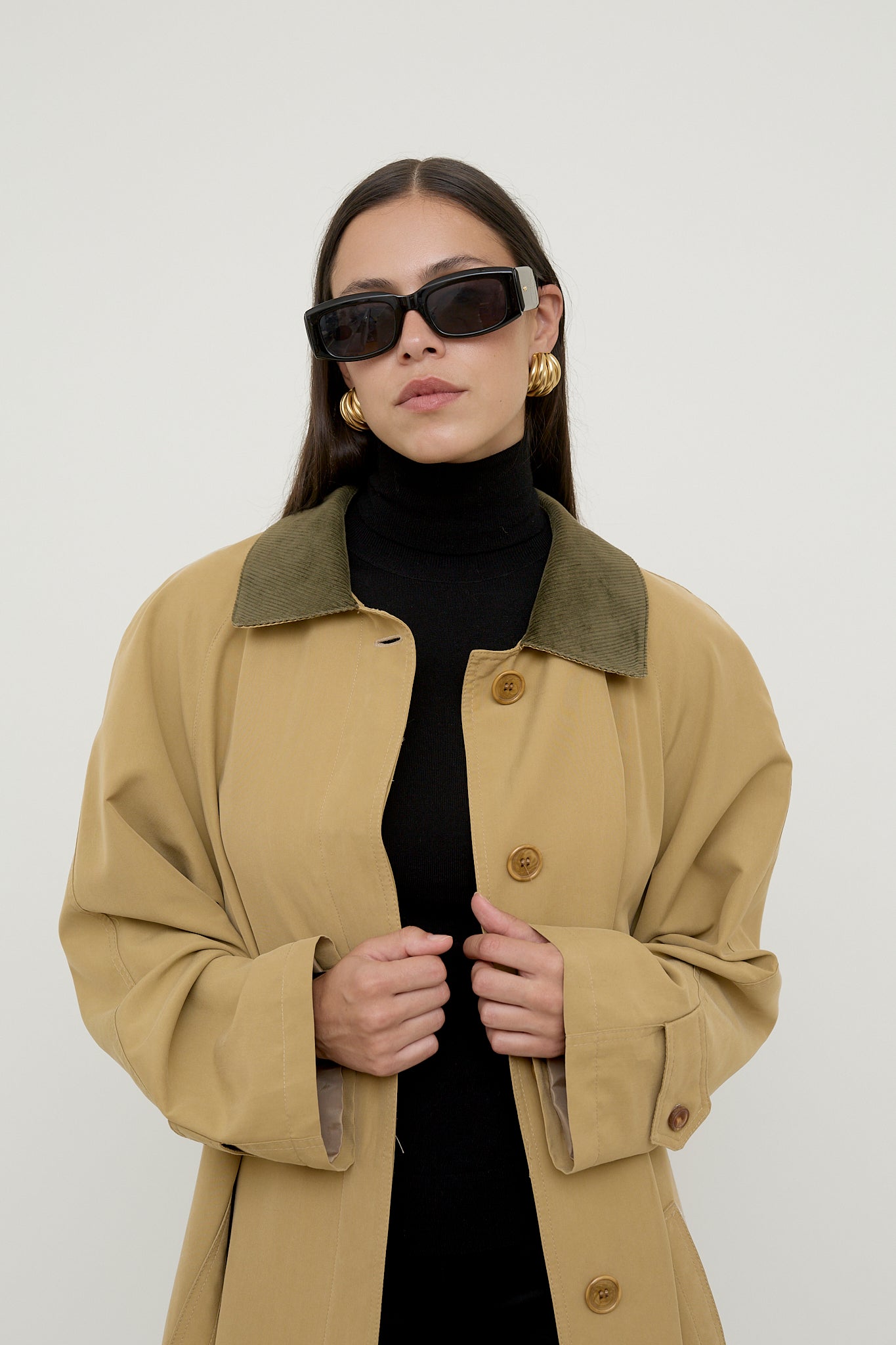 Beige A line trench coat with corduroy collar