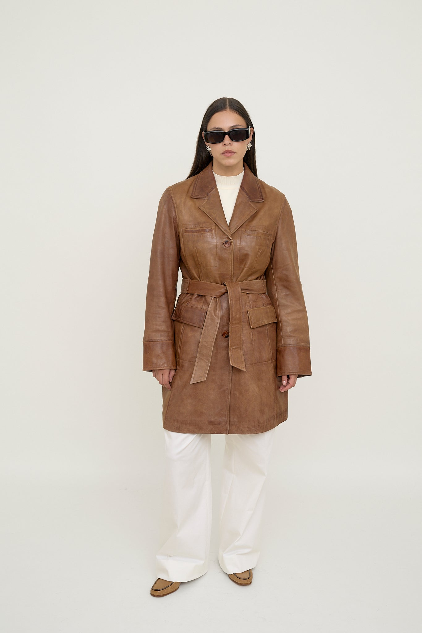 Brown leather coat with belt