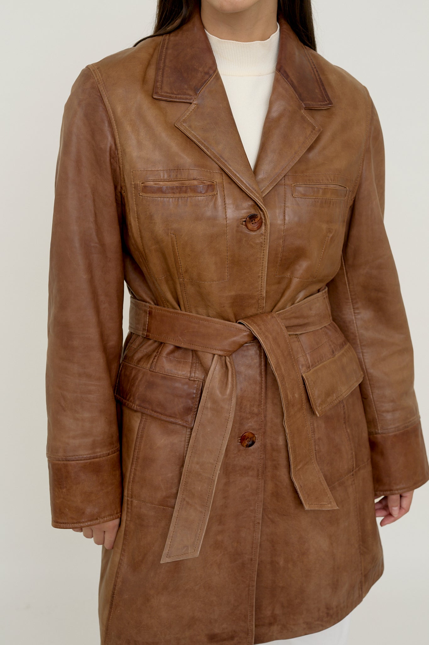 Brown leather coat with belt