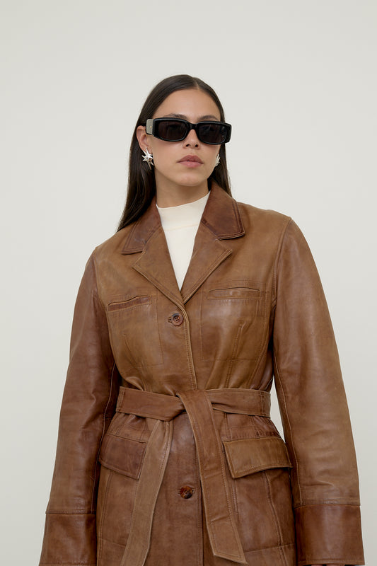 Brown leather coat with belt