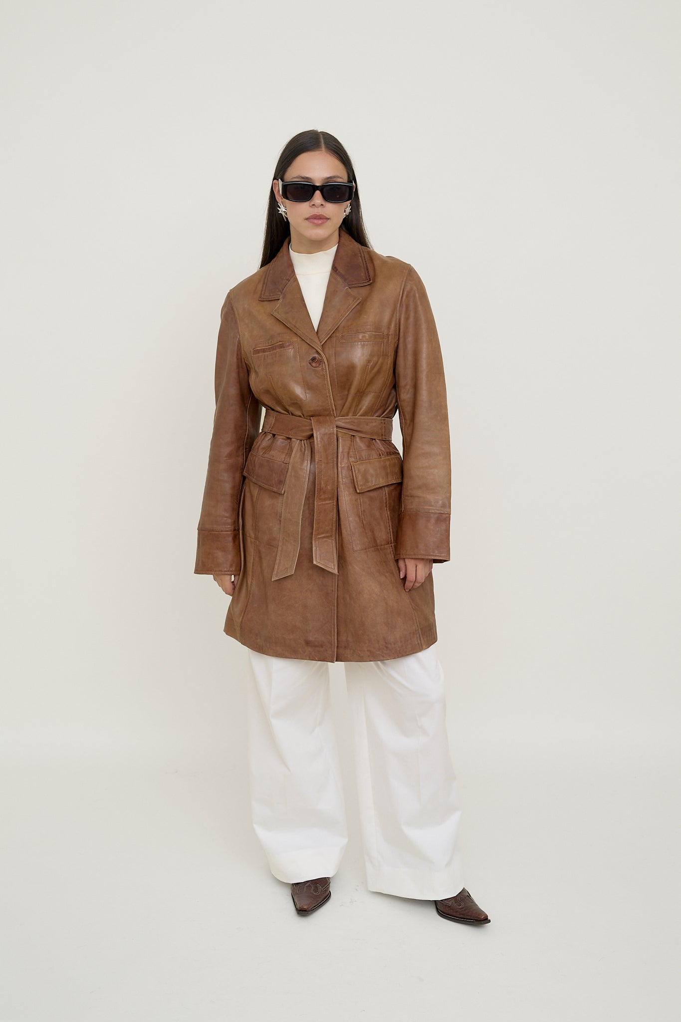 Brown leather coat with belt
