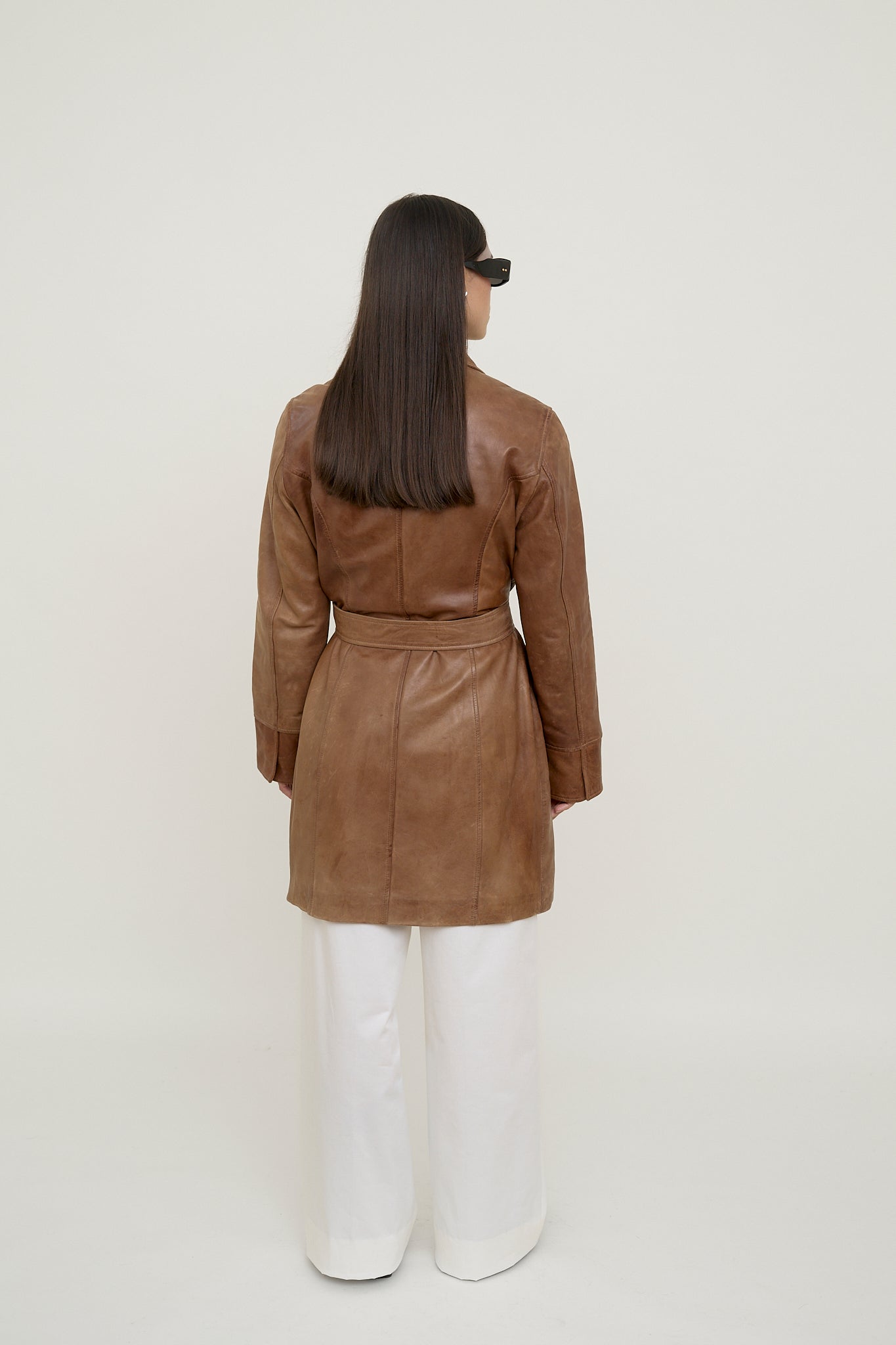 Brown leather coat with belt