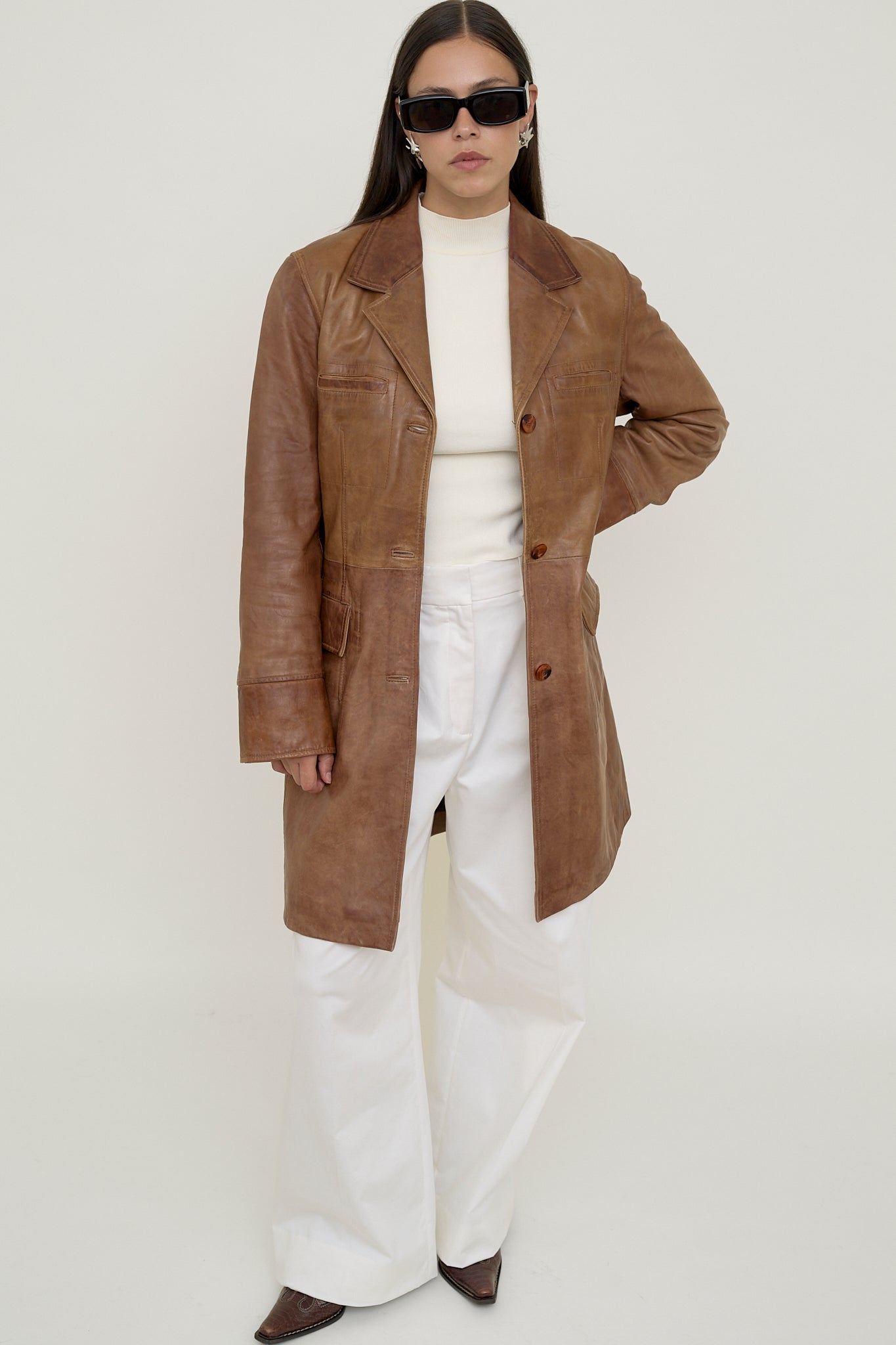 Brown leather coat with belt