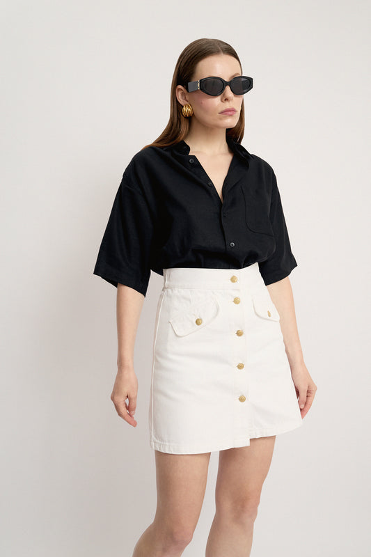 Structured denim mini skirt