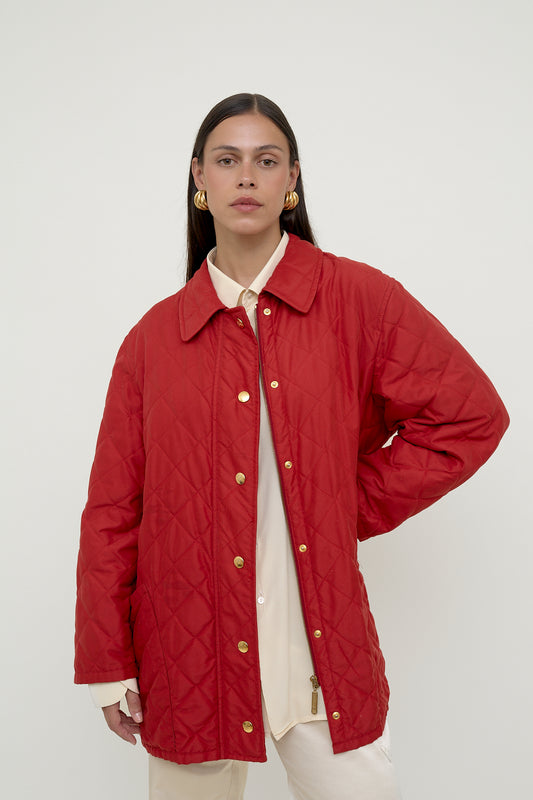 Red quilted Burberry jacket