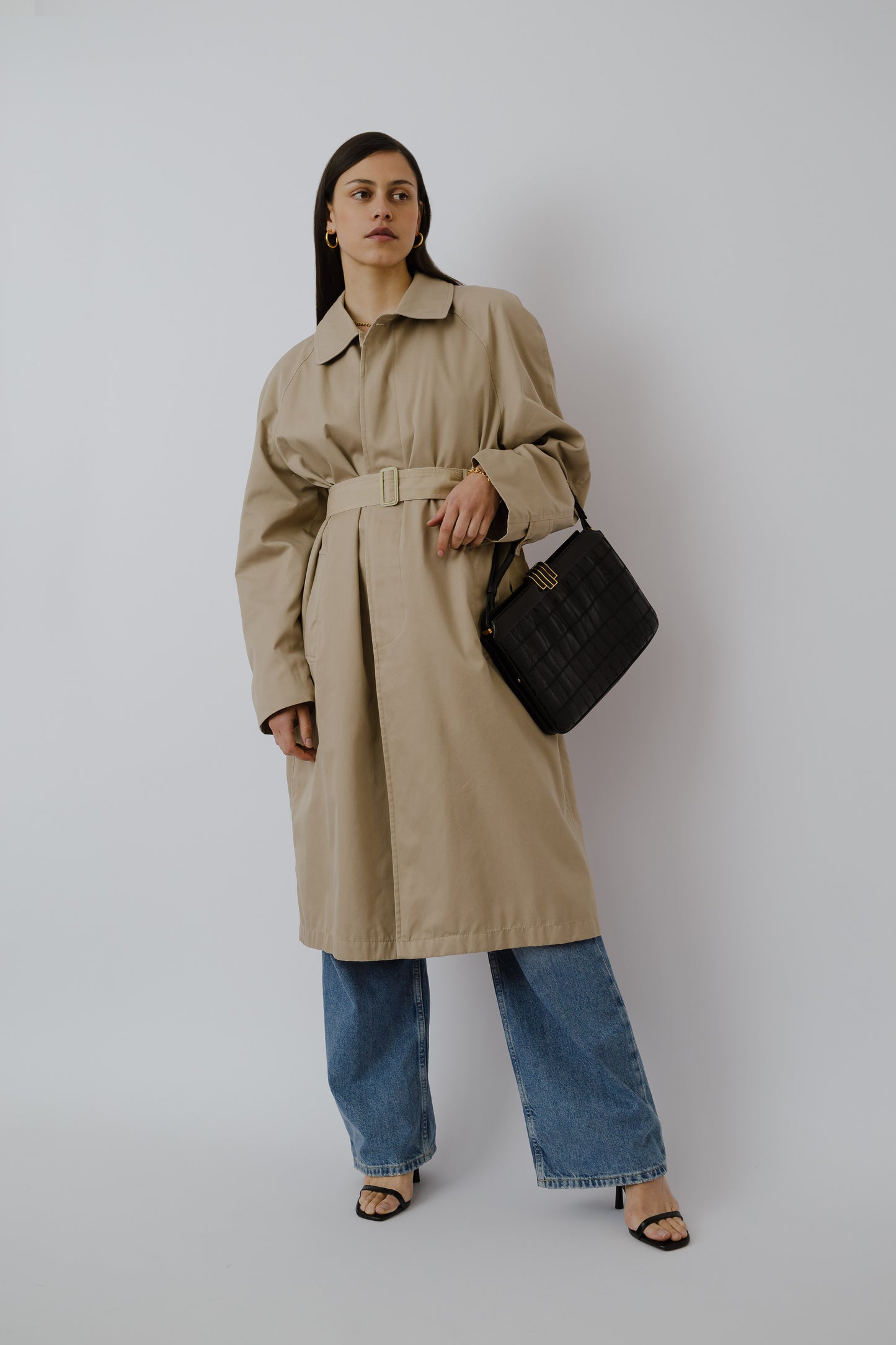 Wide shoulder trench coat