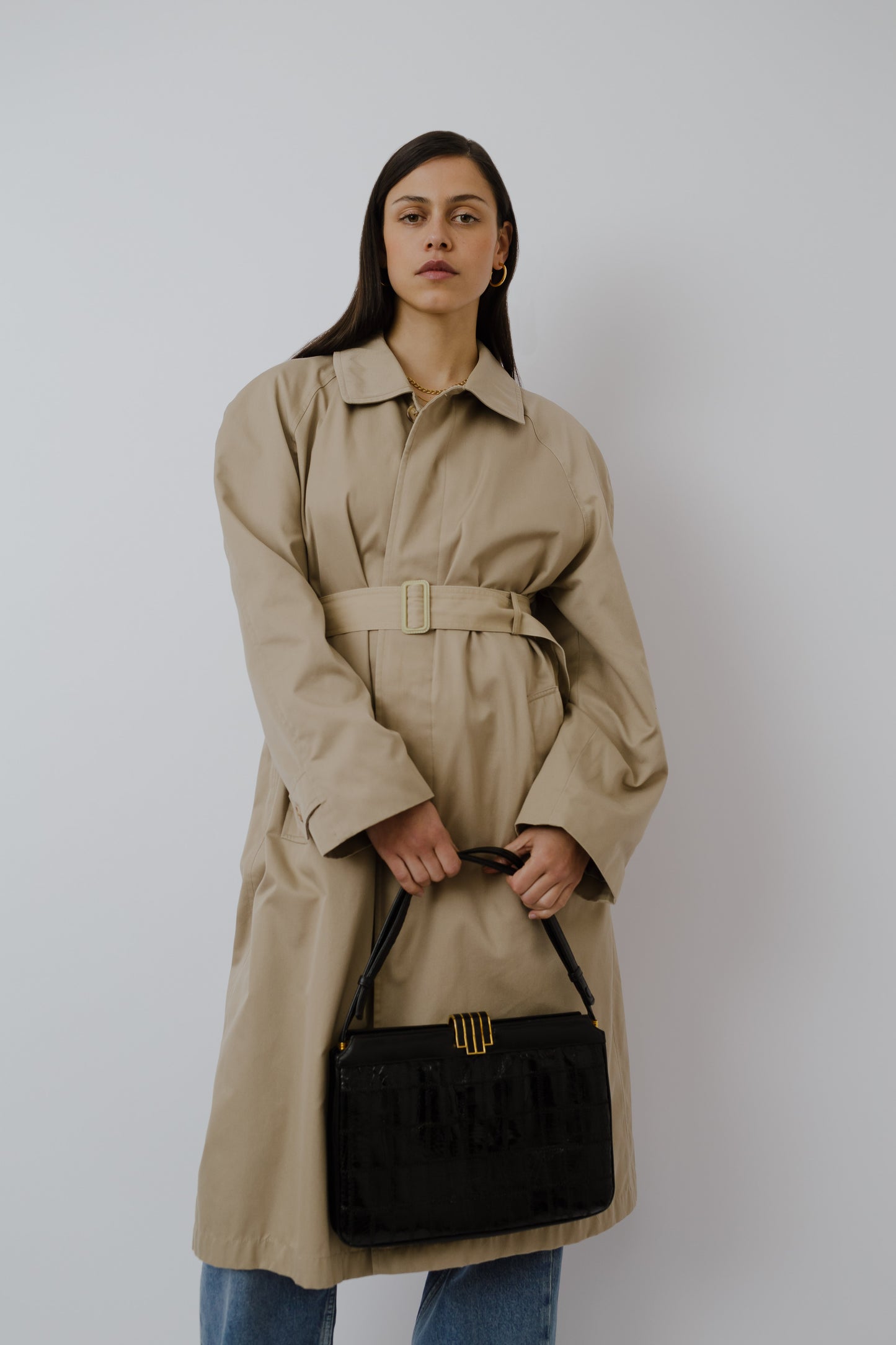 Wide shoulder trench coat