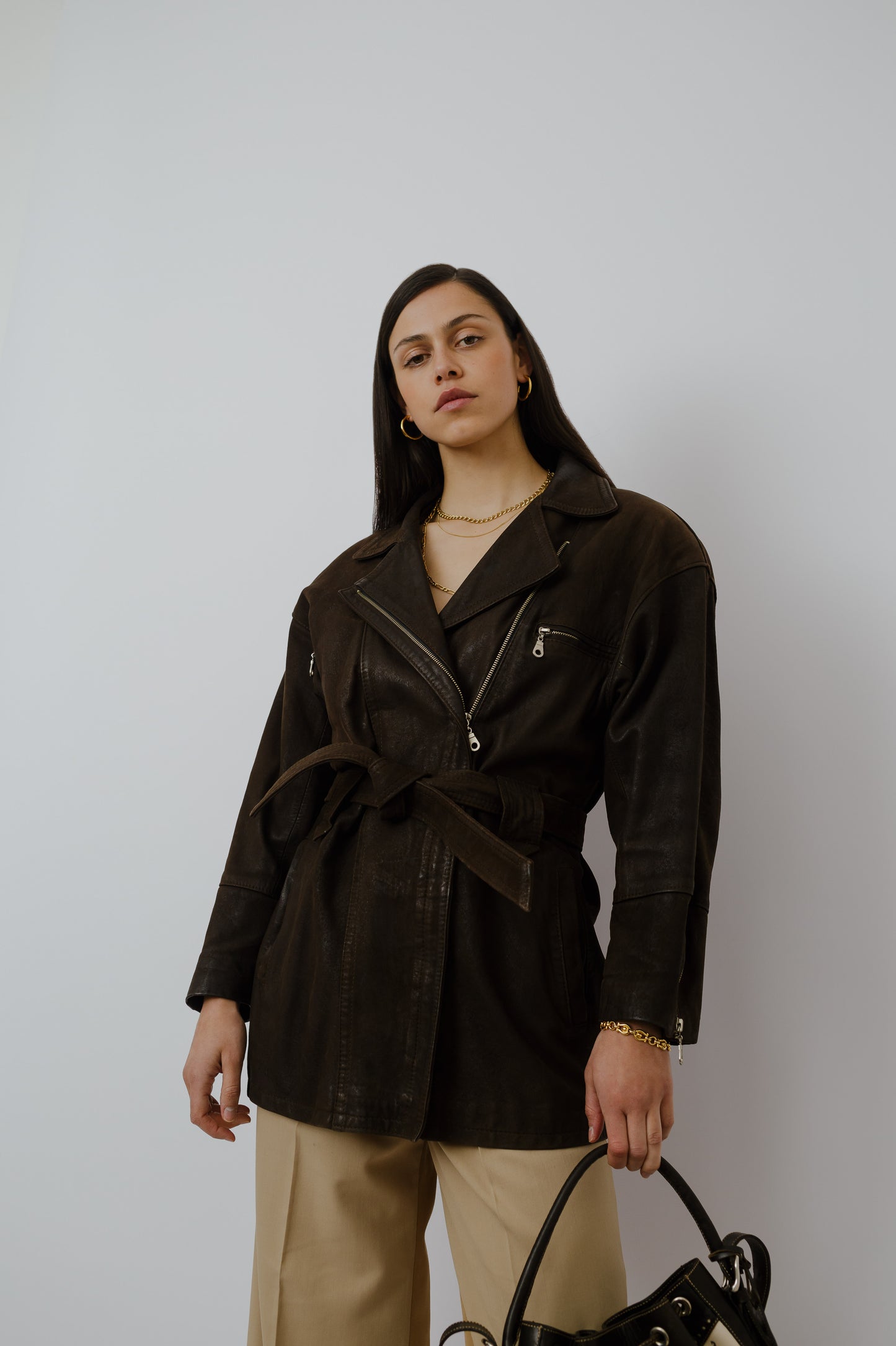 Brown zipped leather jeacket