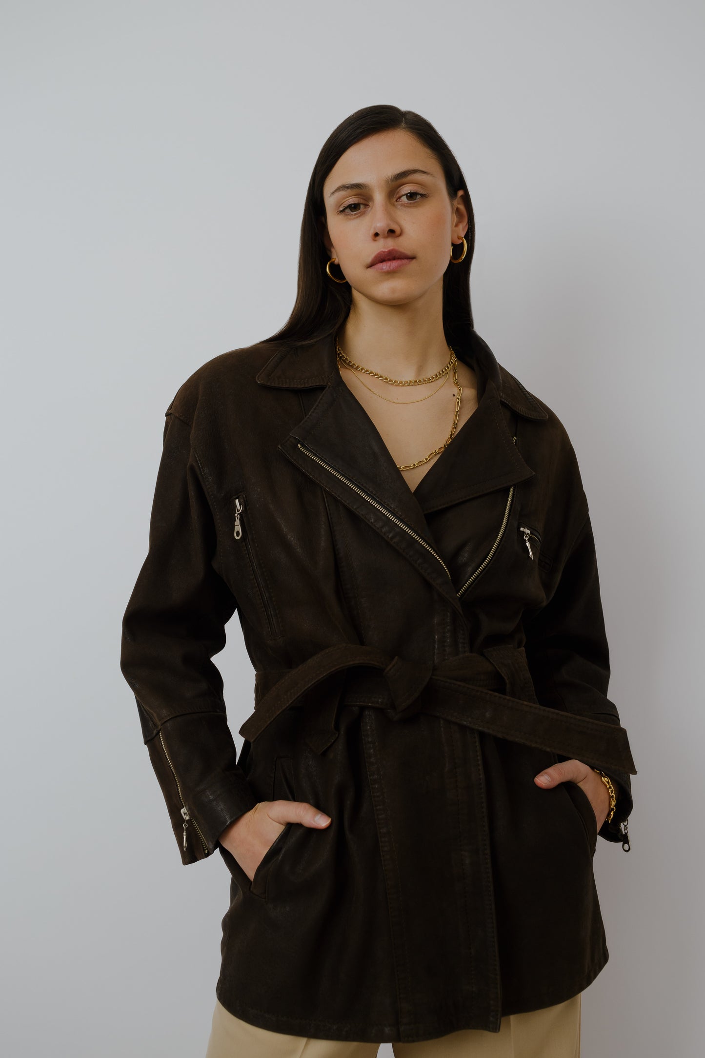 Brown zipped leather jeacket