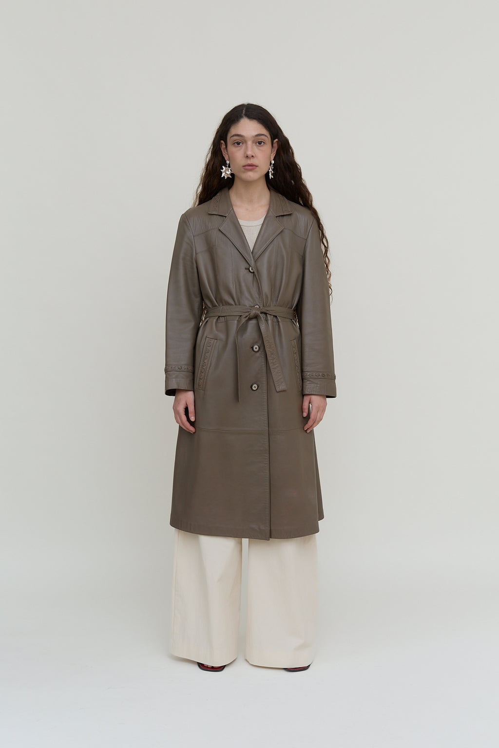 Grey-khaki leather trench coat