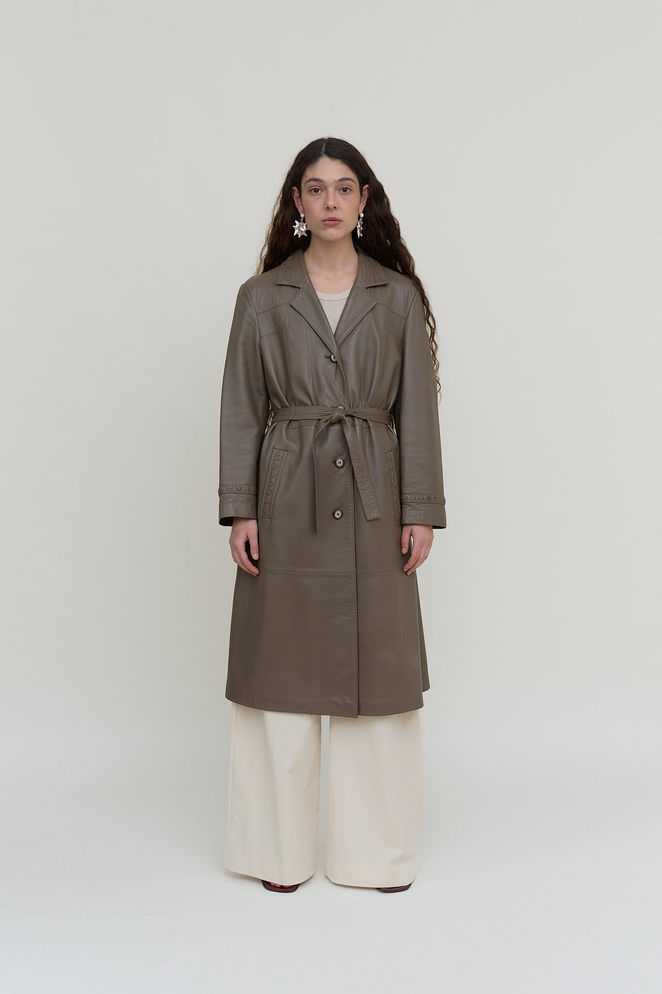 Grey-khaki leather trench coat