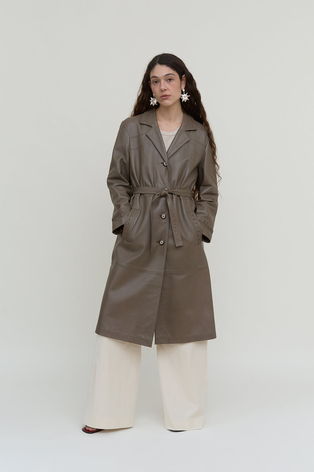Grey-khaki leather trench coat