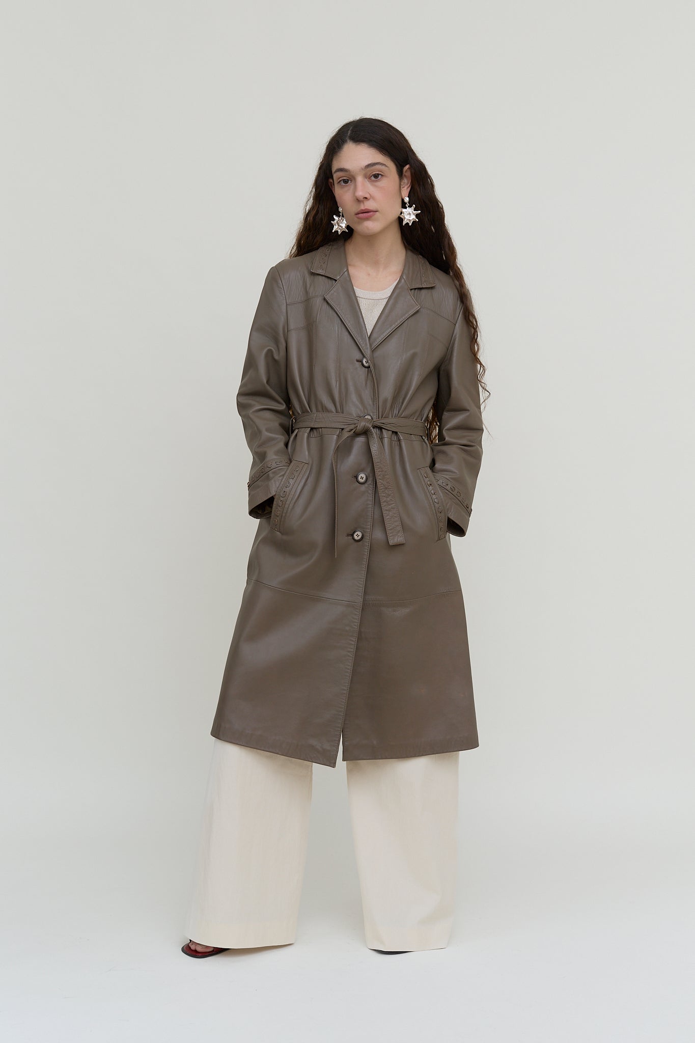 Grey-khaki leather trench coat