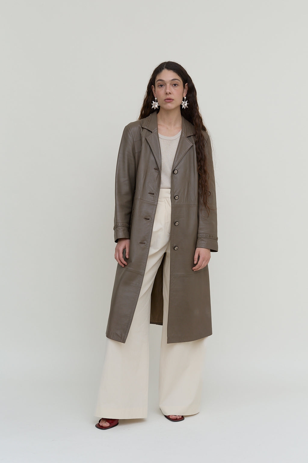 Grey-khaki leather trench coat