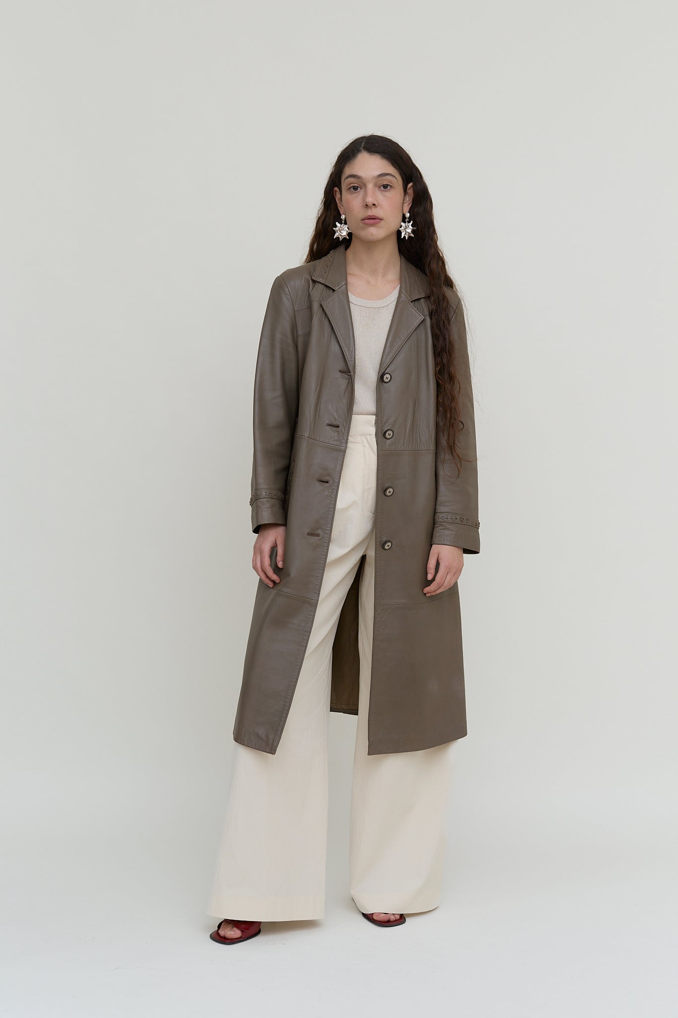 Grey-khaki leather trench coat
