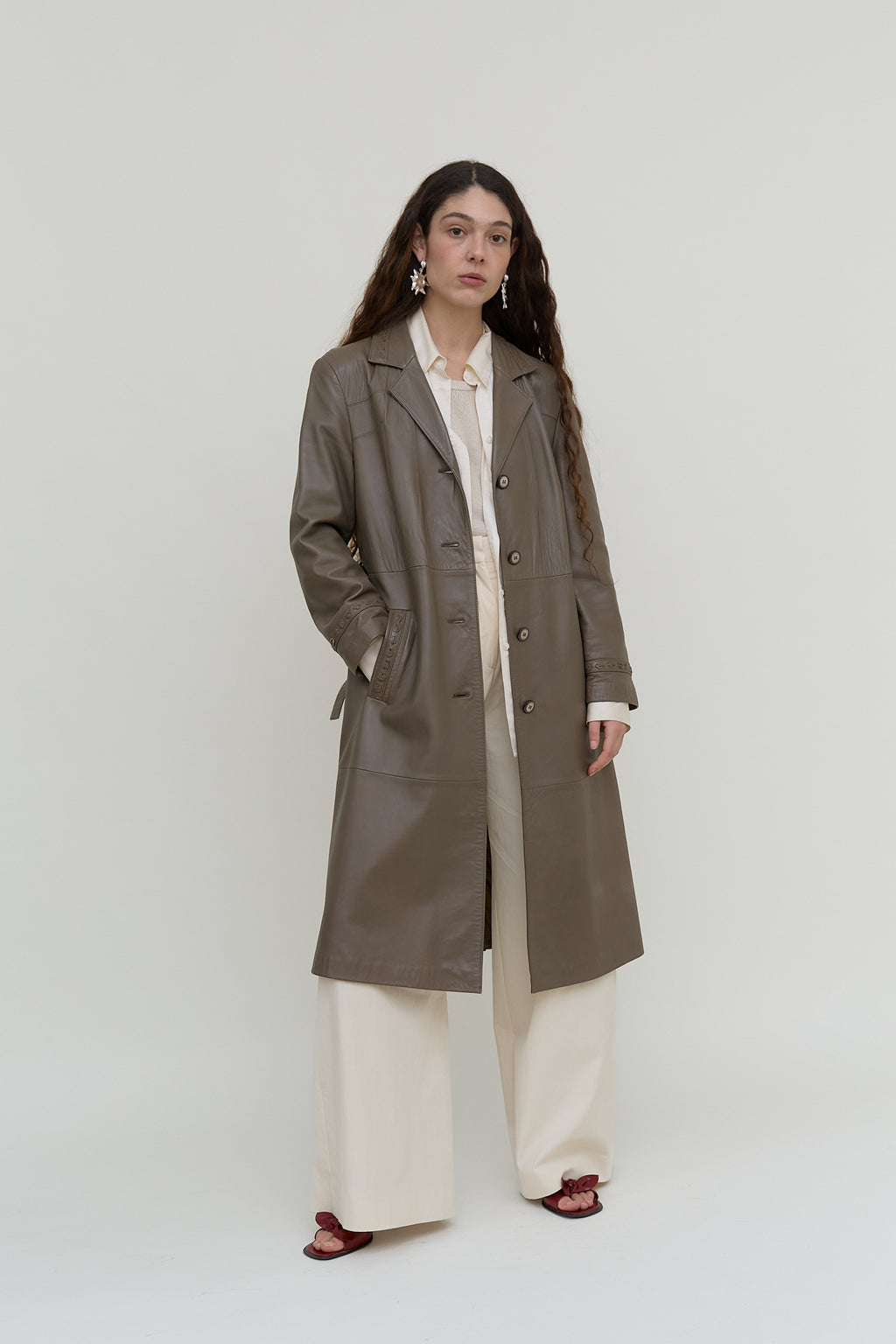 Grey-khaki leather trench coat