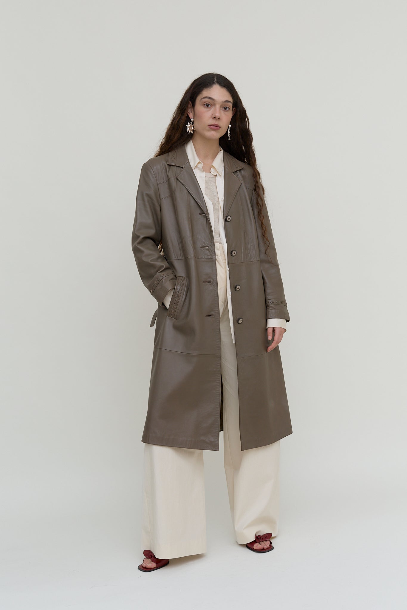 Grey-khaki leather trench coat