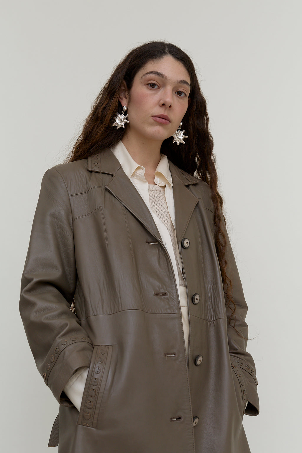 Grey-khaki leather trench coat