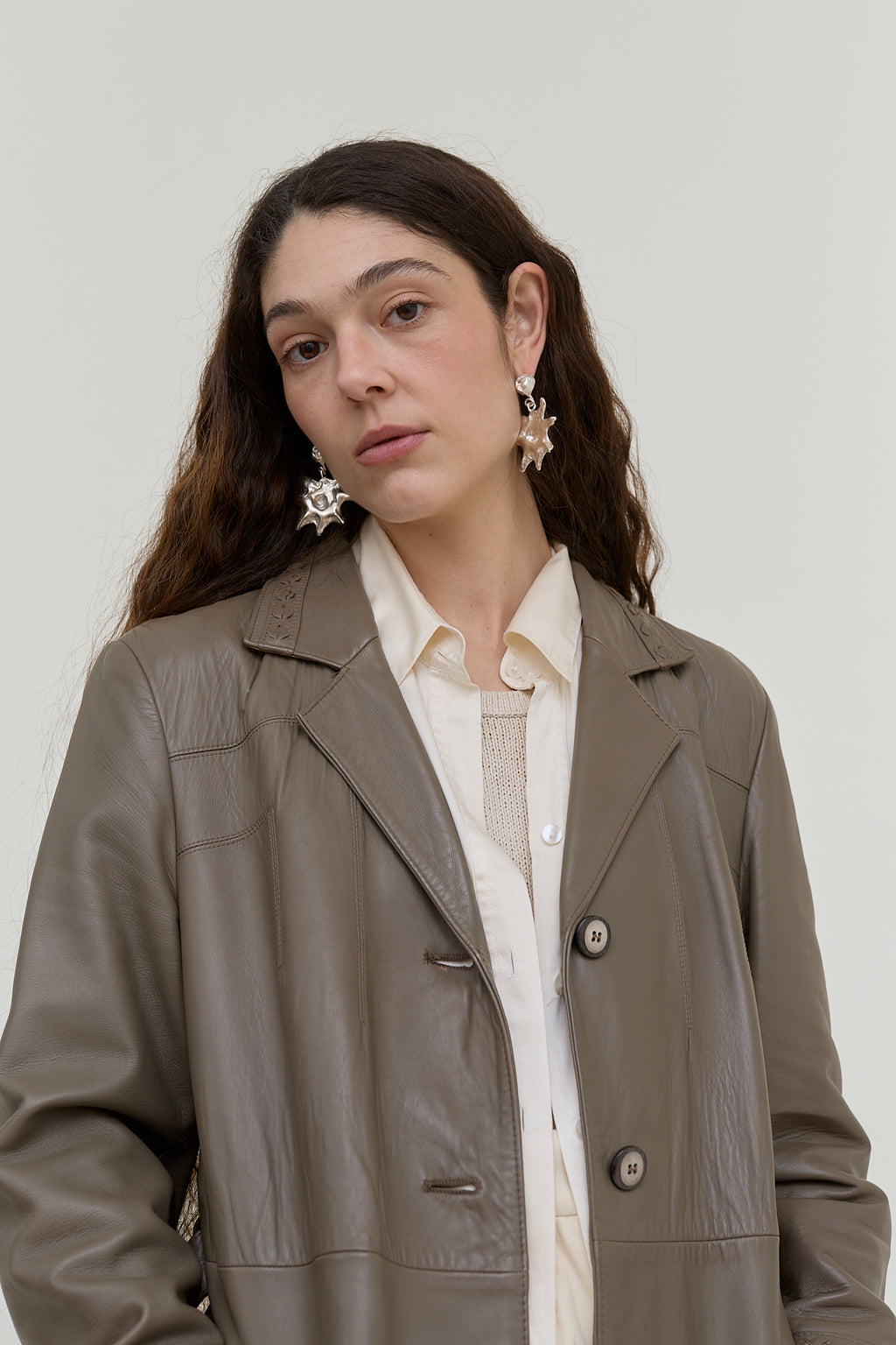 Grey-khaki leather trench coat
