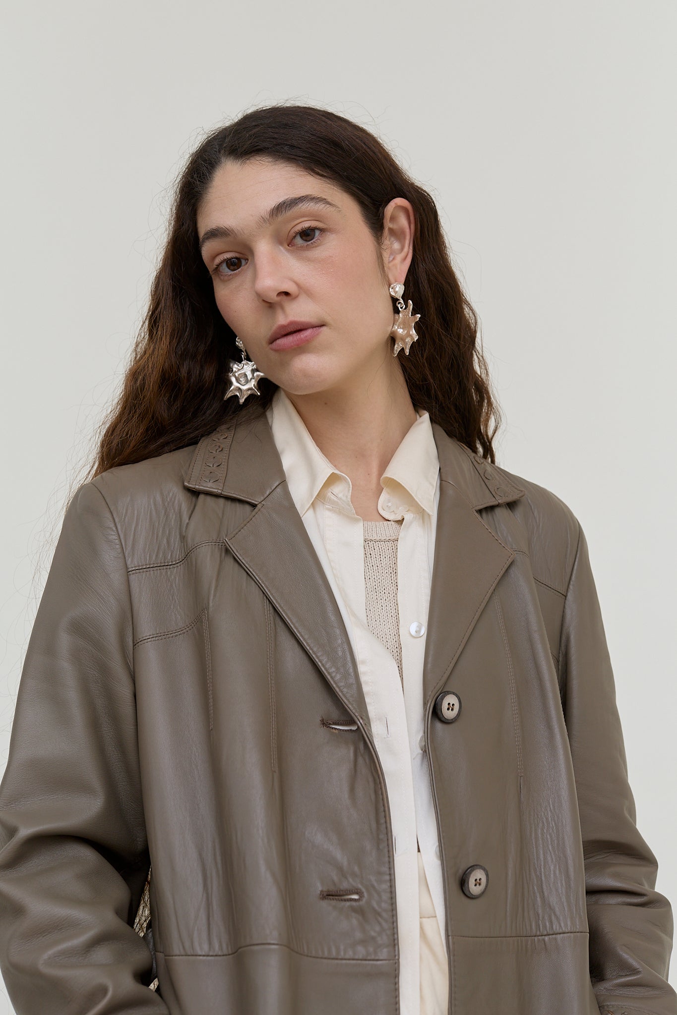 Grey-khaki leather trench coat