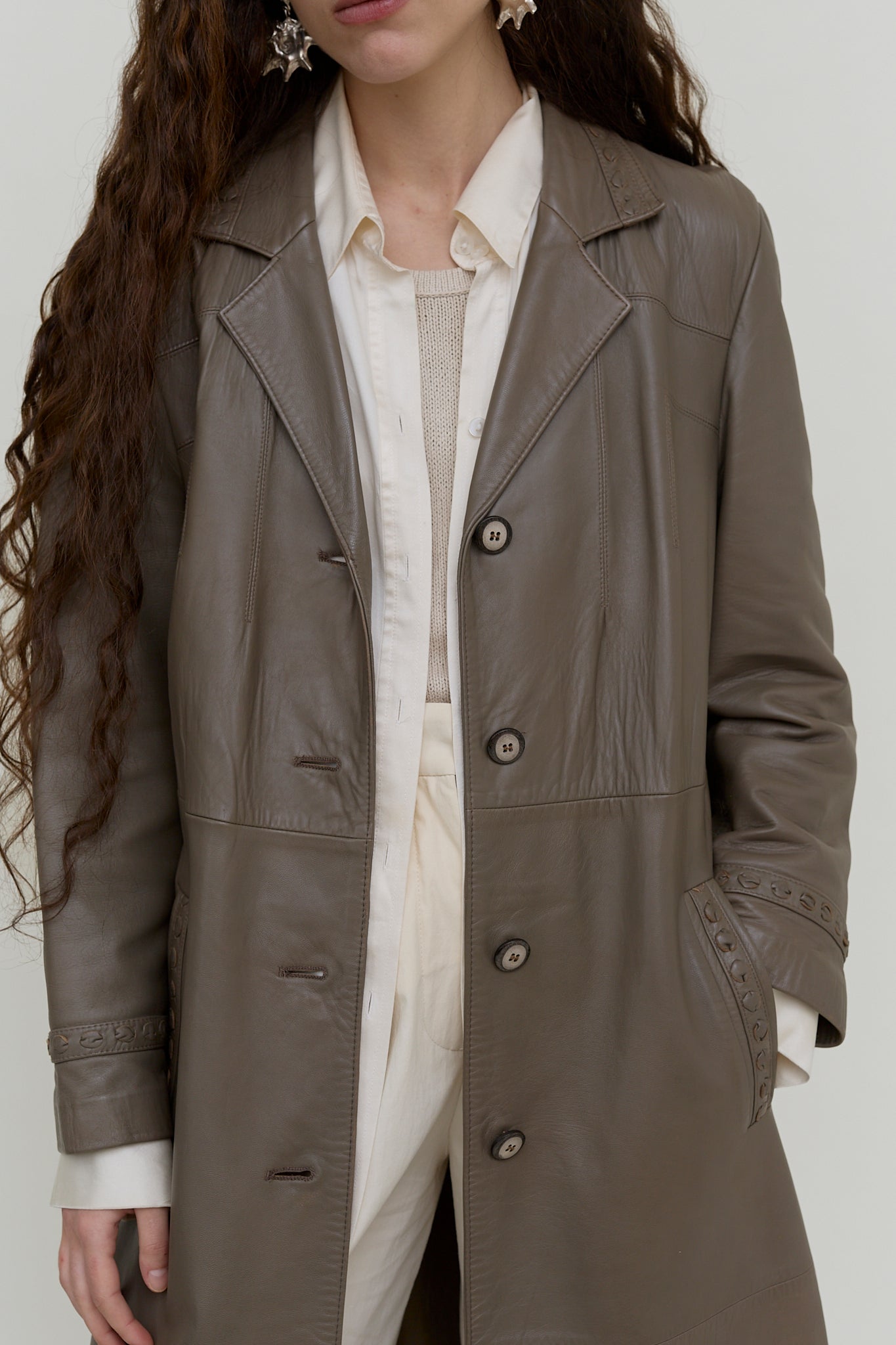 Grey-khaki leather trench coat