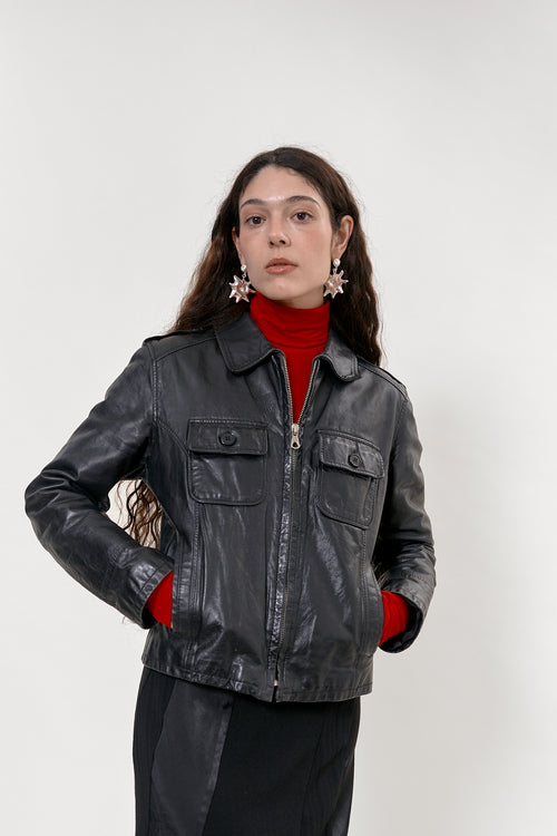 2000s fitted biker leather jacket