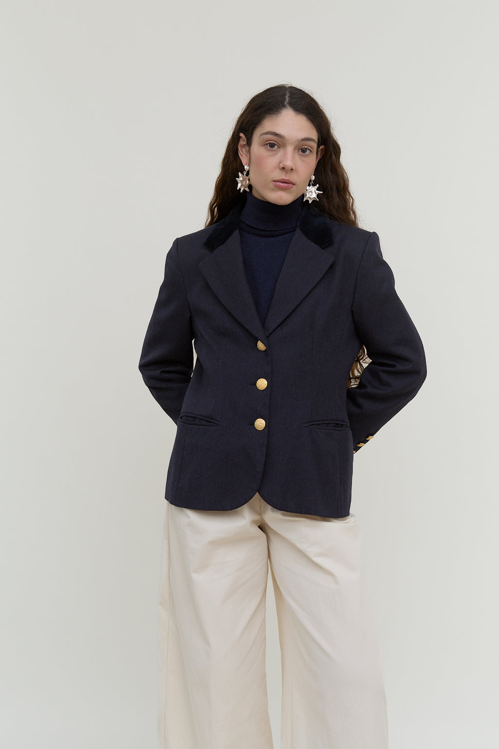 Navy vintage blazer with velvet collar