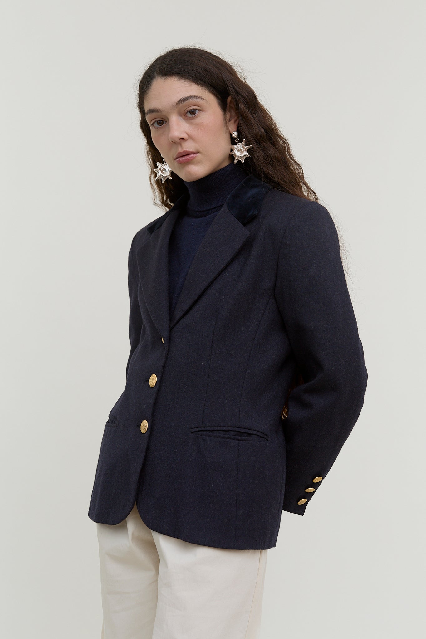 Navy vintage blazer with velvet collar