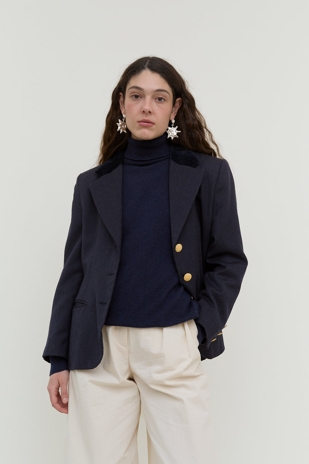 Navy vintage blazer with velvet collar