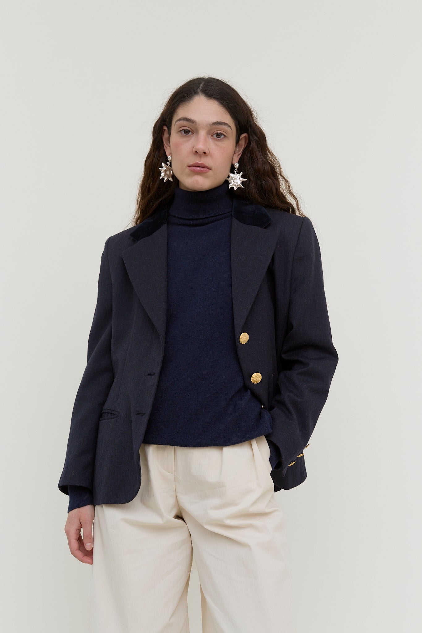 Navy vintage blazer with velvet collar