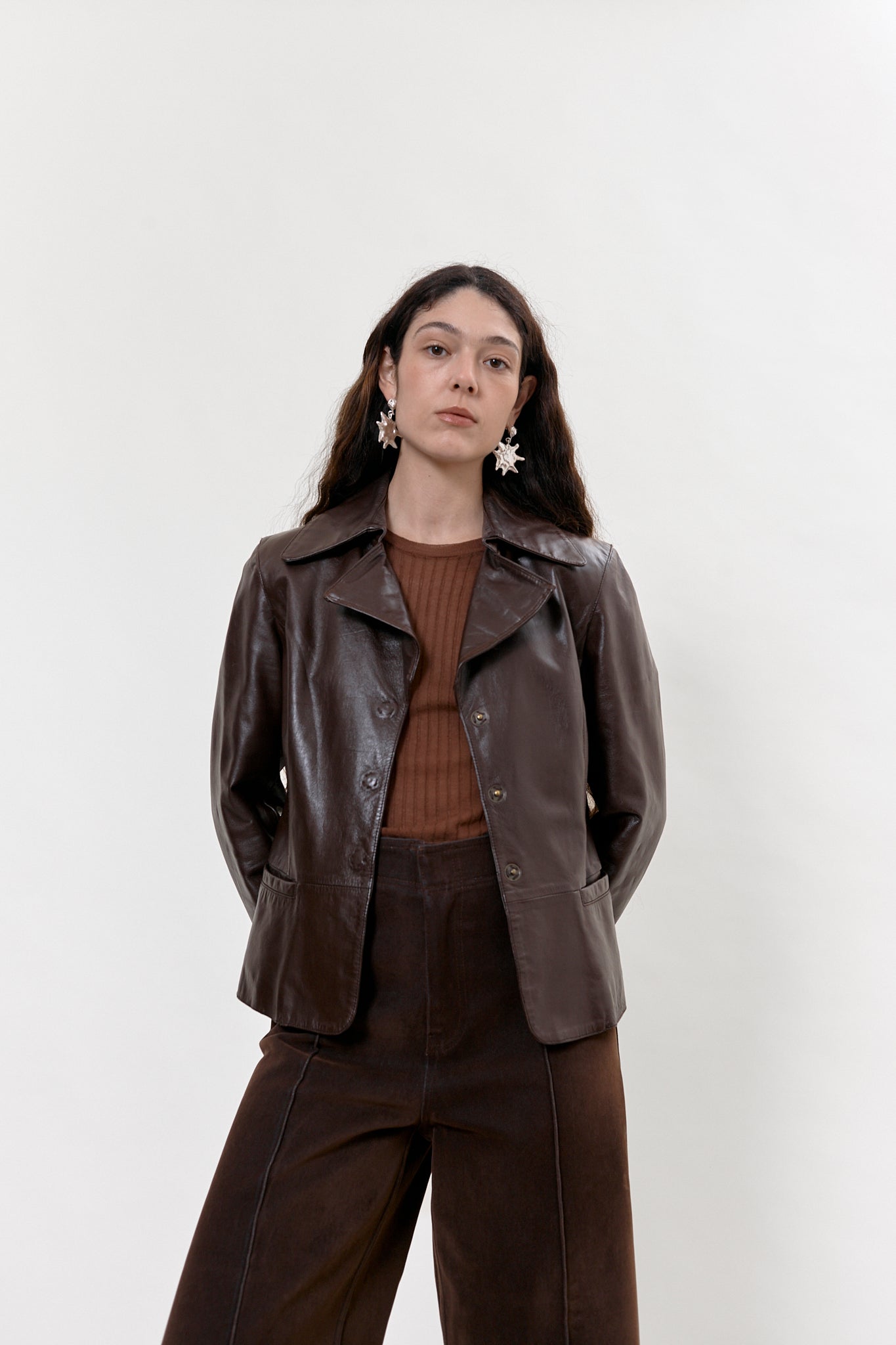 Chocolate brown leather blazer jacket