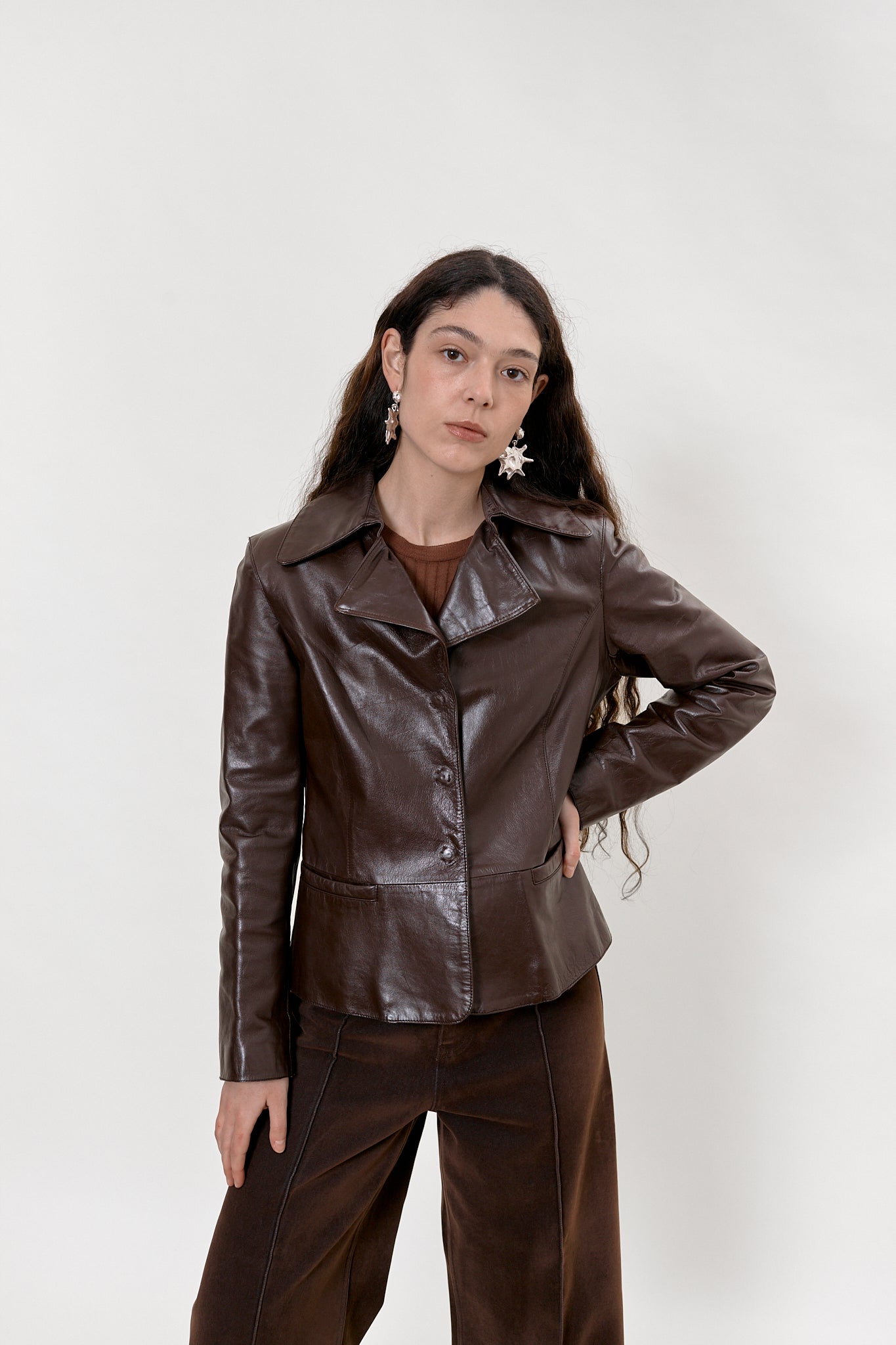 Chocolate brown leather blazer jacket