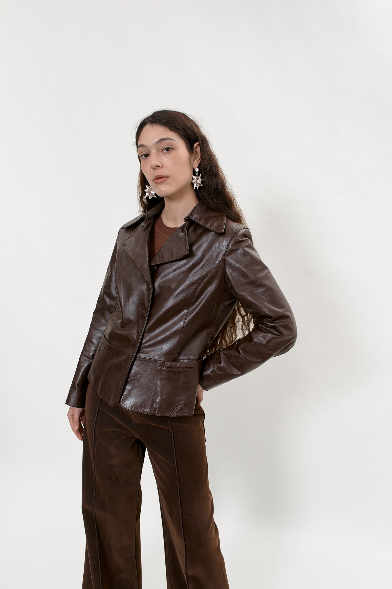 Chocolate brown leather blazer jacket