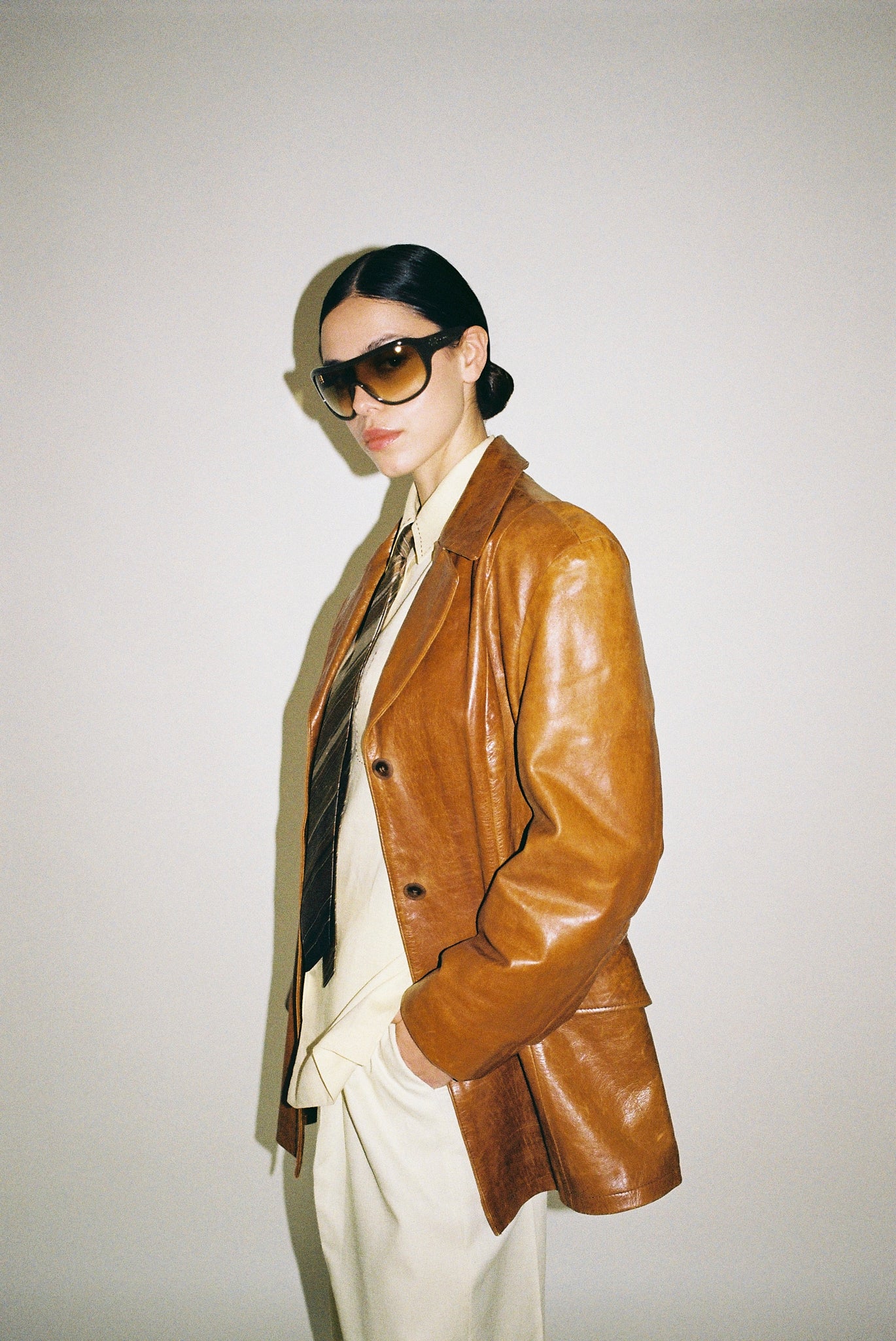 70s cognac tailored leather coat