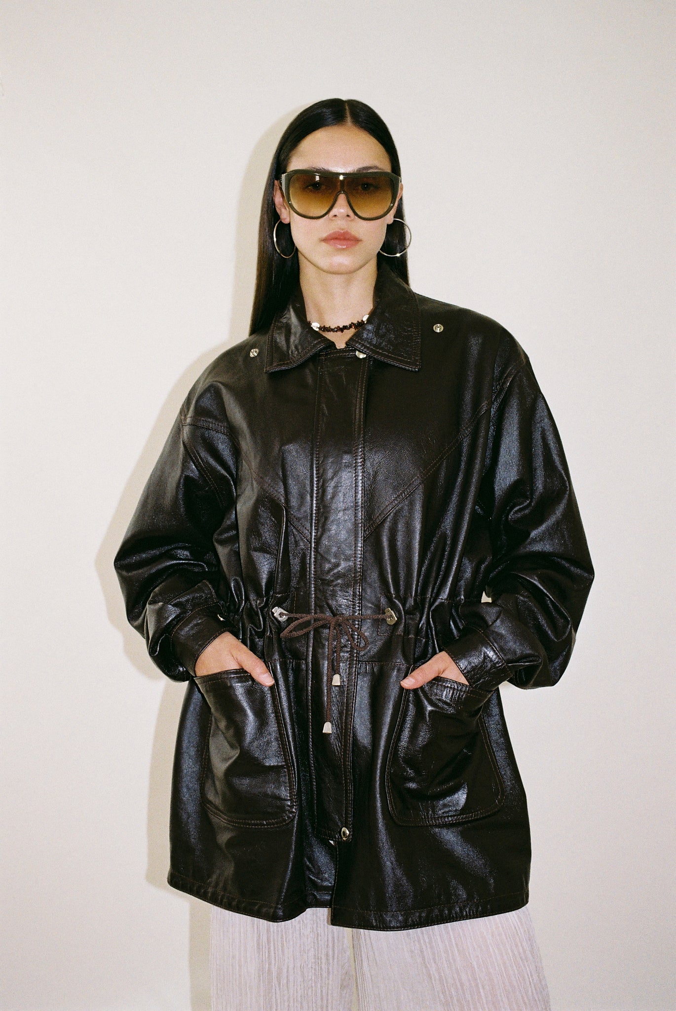 Dark brown leather parka
