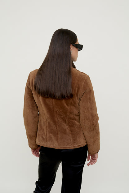Suede jacket with faux fur collar