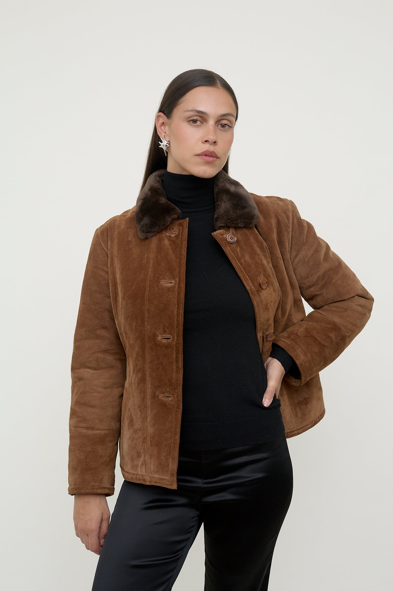 Suede jacket with faux fur collar