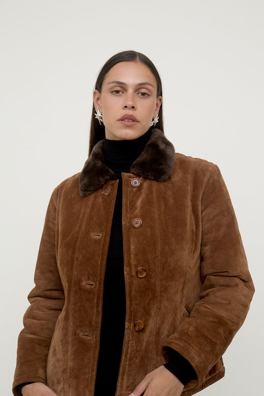 Suede jacket with faux fur collar