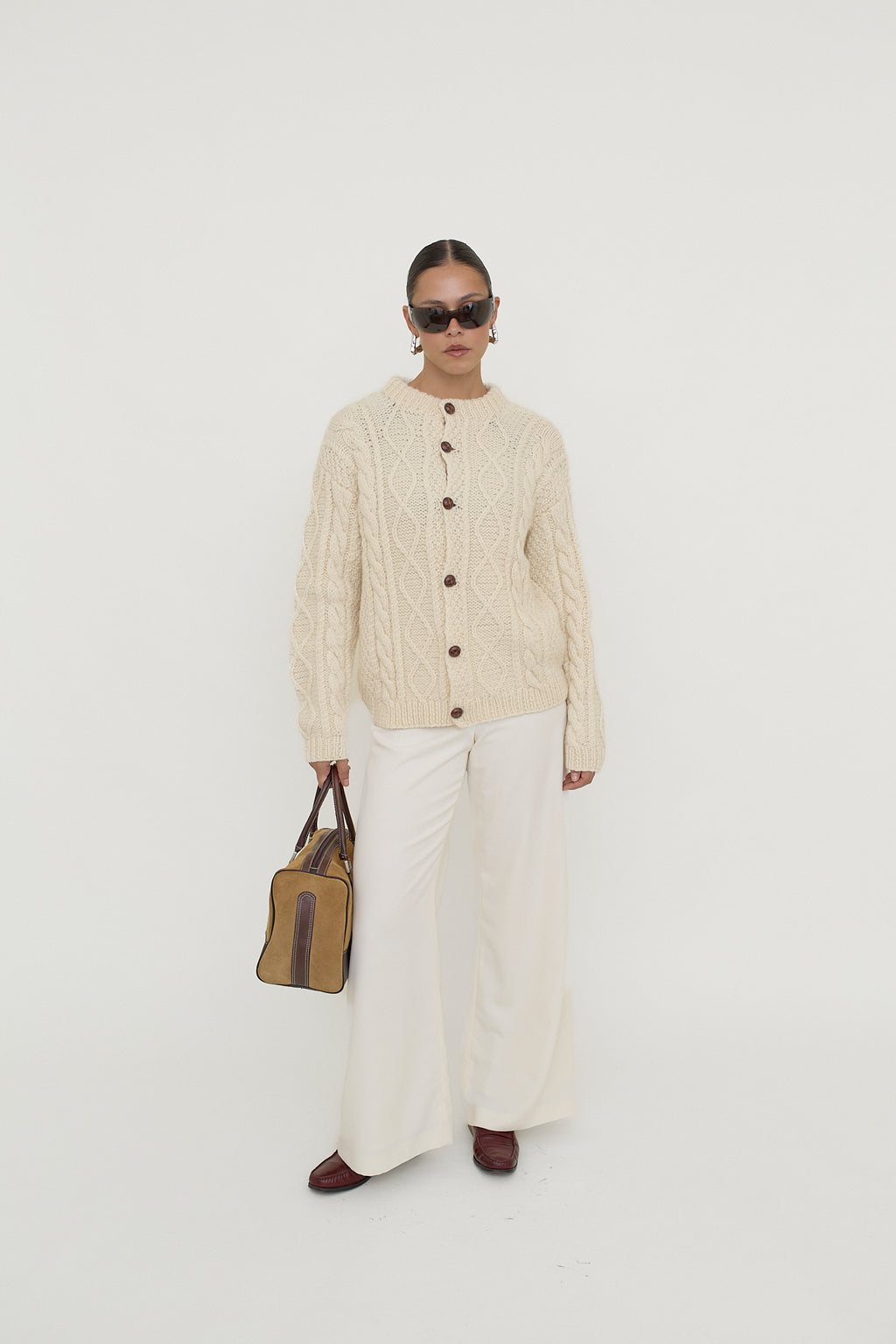 Cable knit button-front cardigan