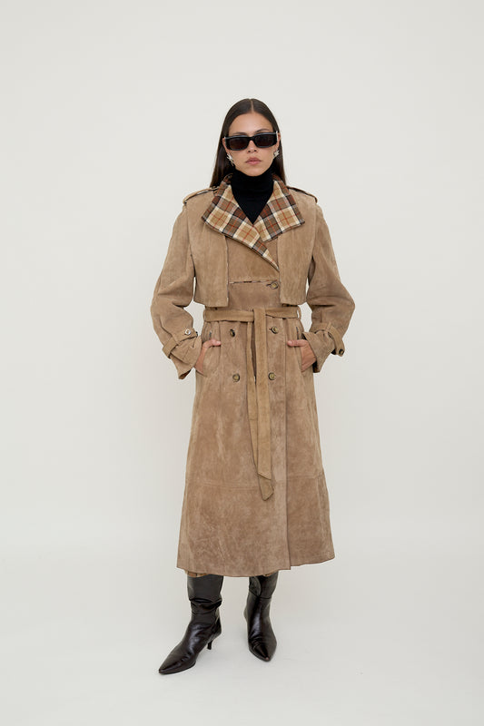 Double-sided suede trench coat
