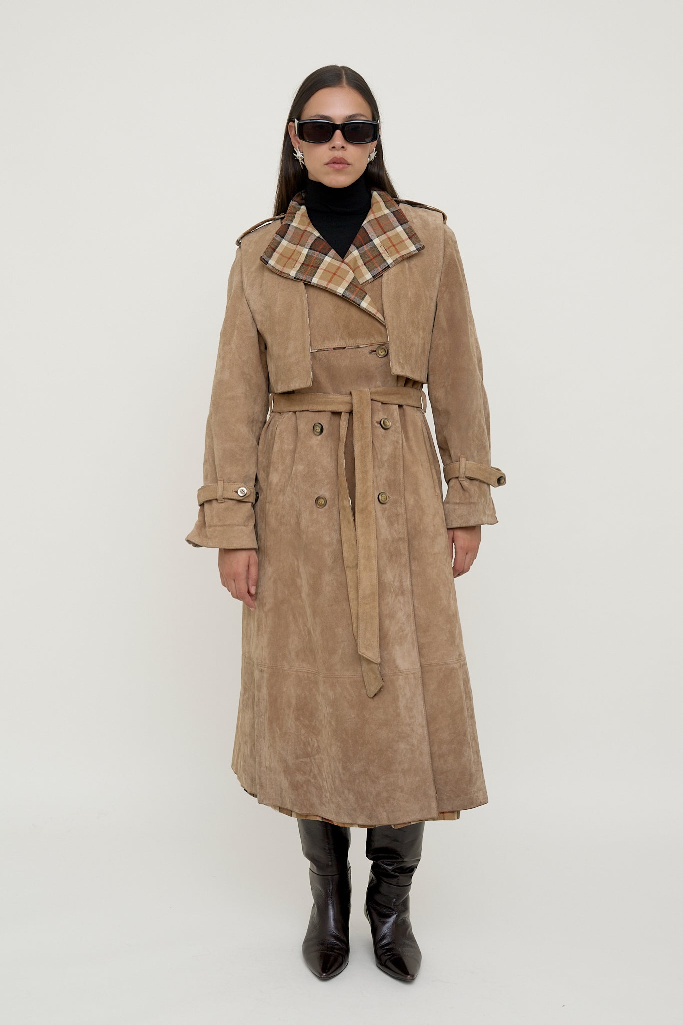 Double-sided suede trench coat