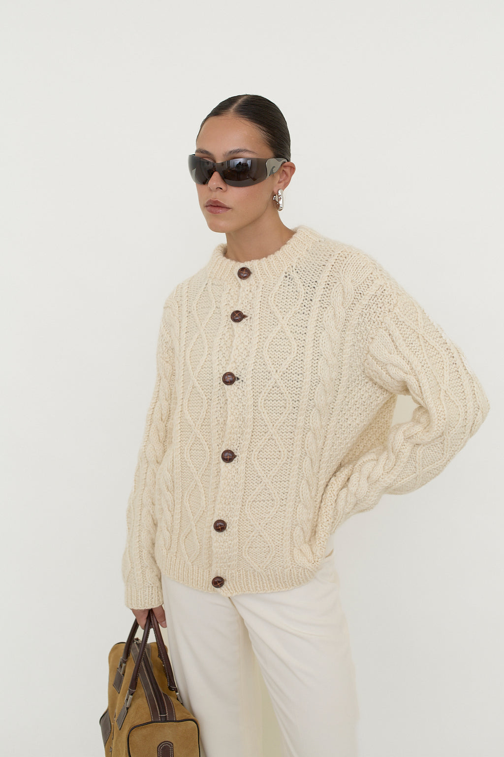 Cable knit button-front cardigan