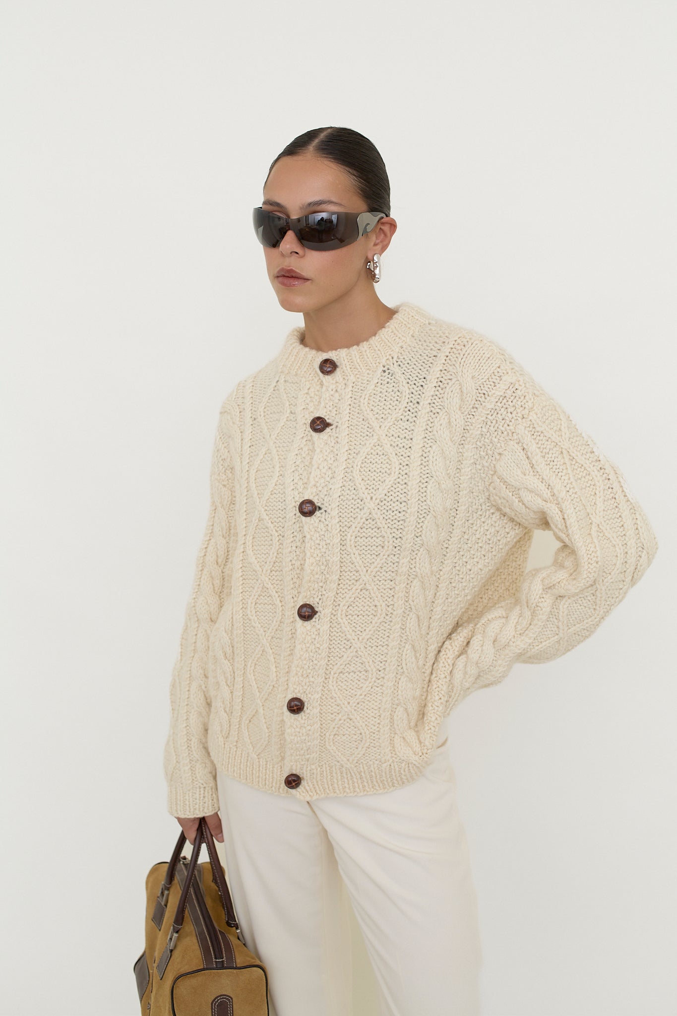Cable knit button-front cardigan