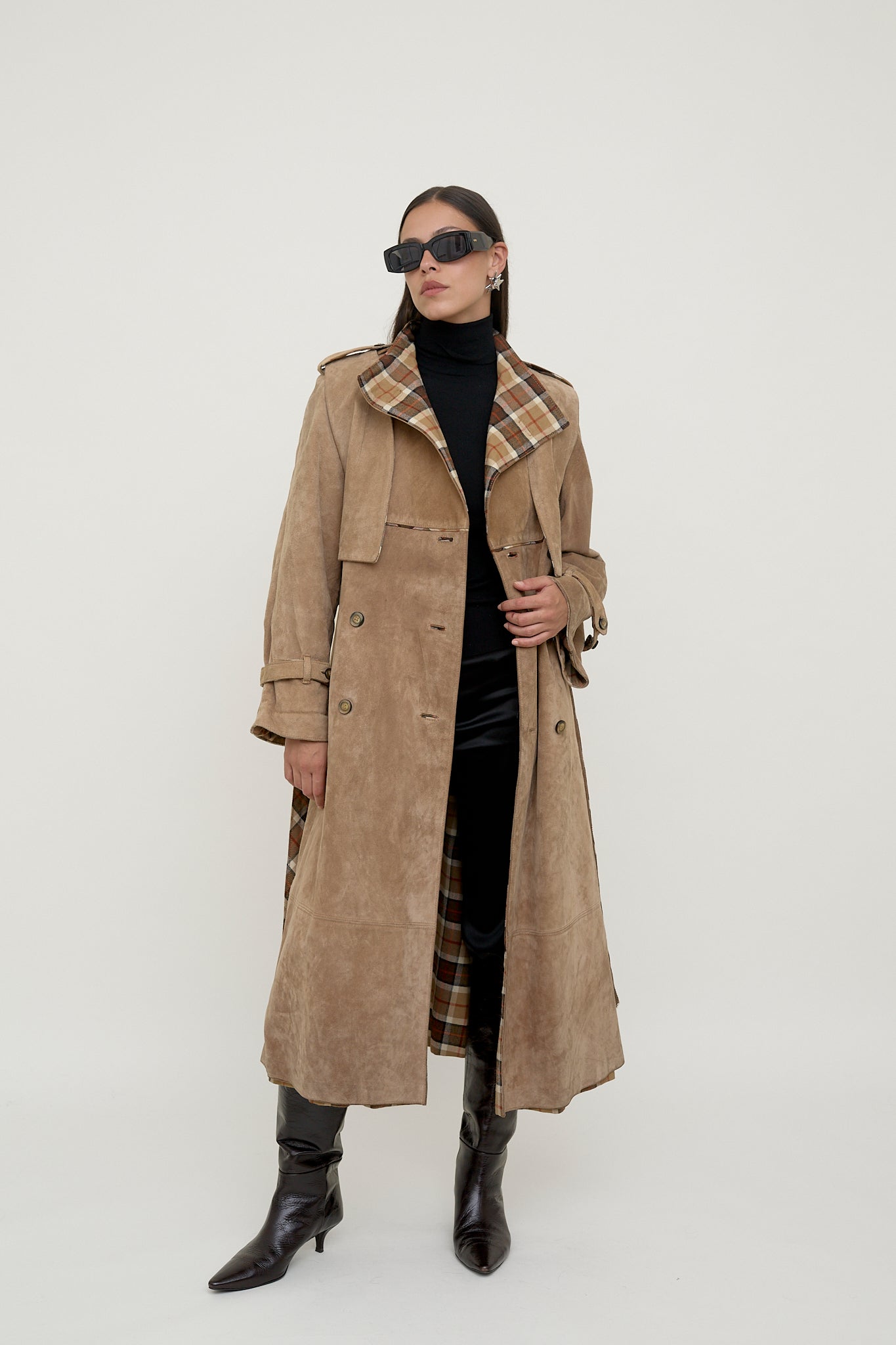 Double-sided suede trench coat