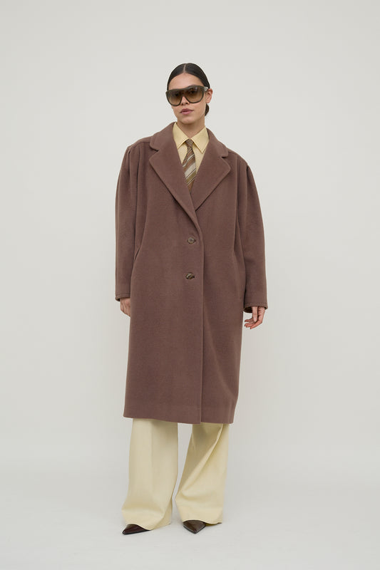 Camel power-shoulder tailored coat